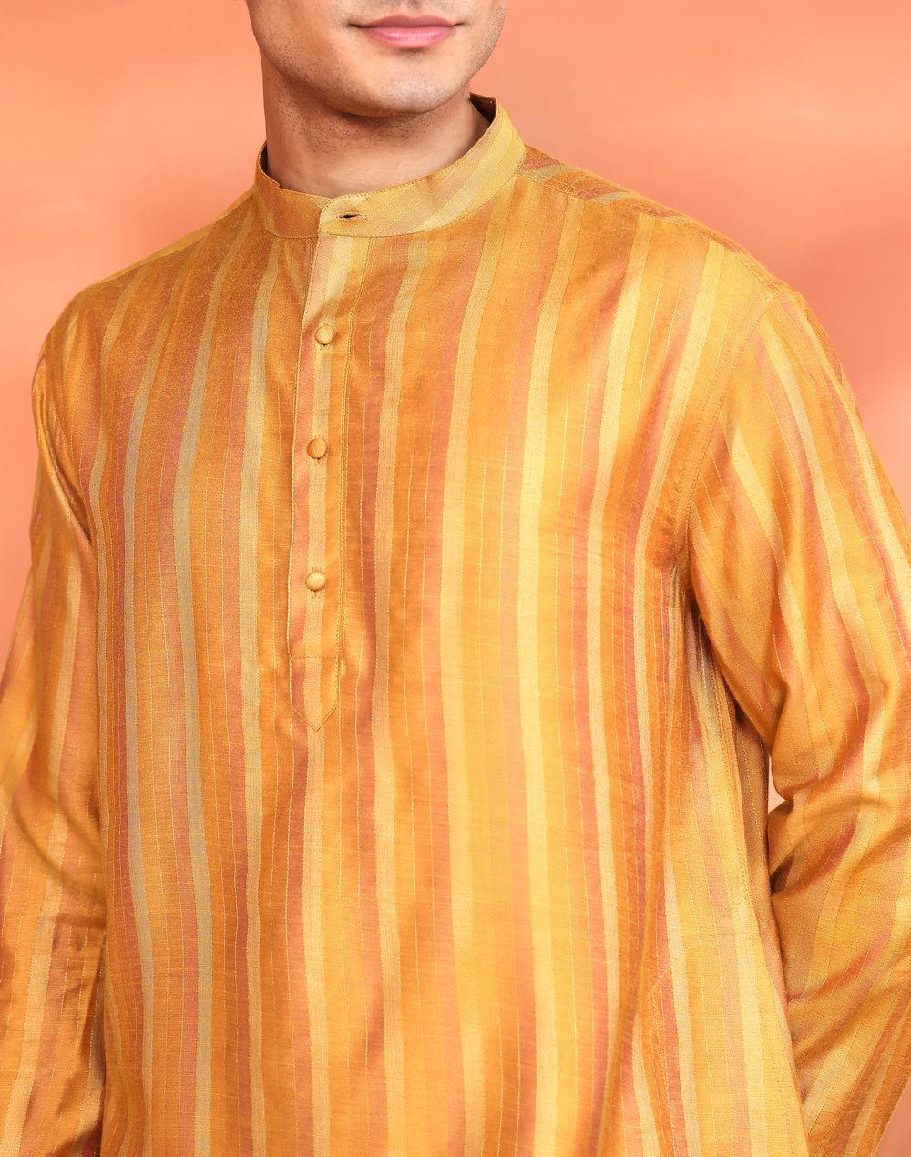 Yellow Viscose Silk Zari Stripe Short Kurta
