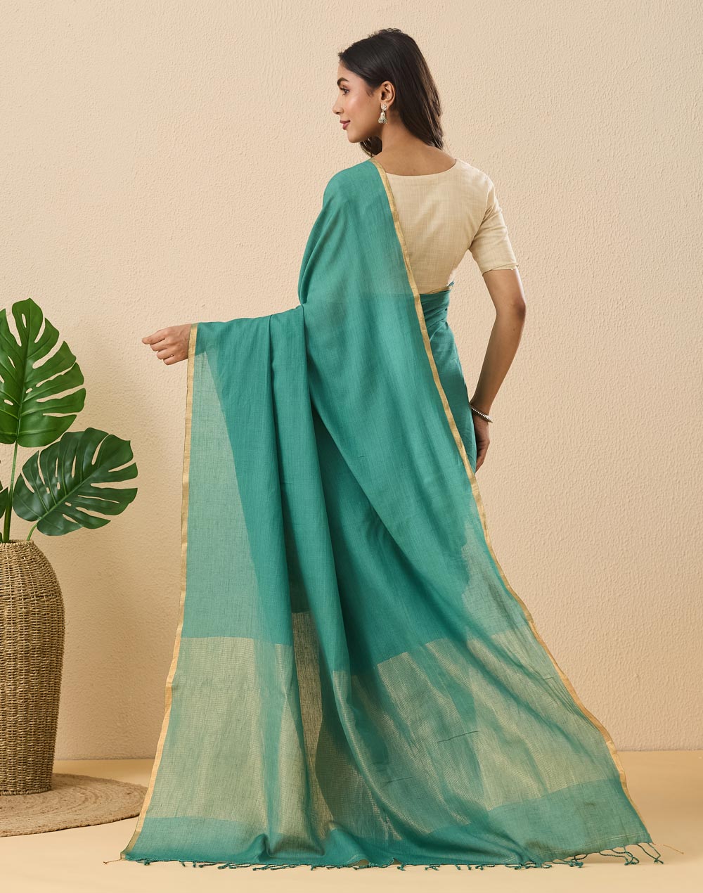 Teal Linen Blend Hand Woven Sari