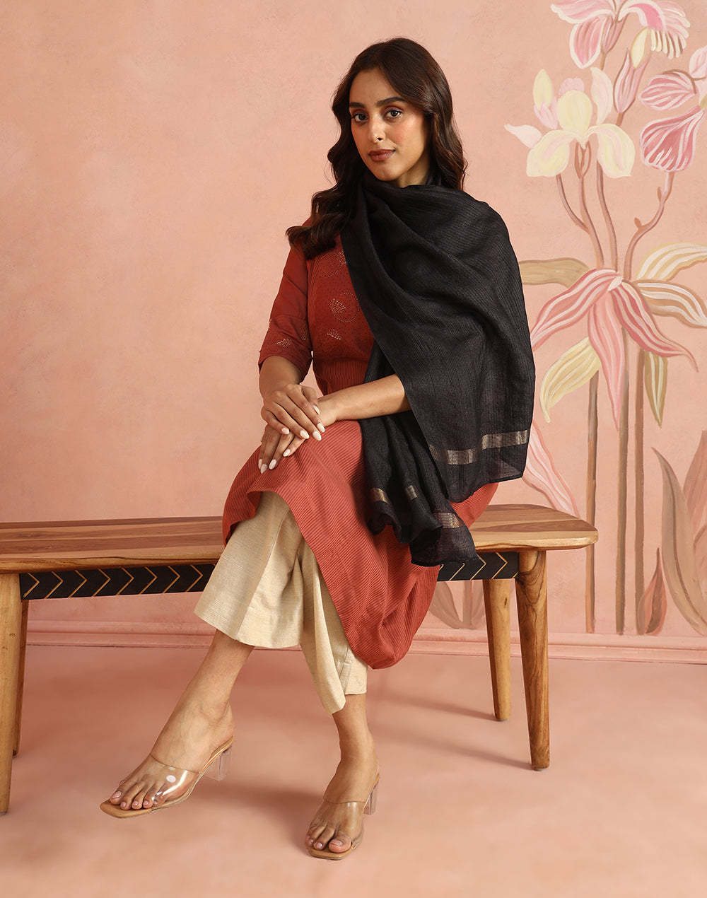 Black Silk Blend Hand Woven Stole
