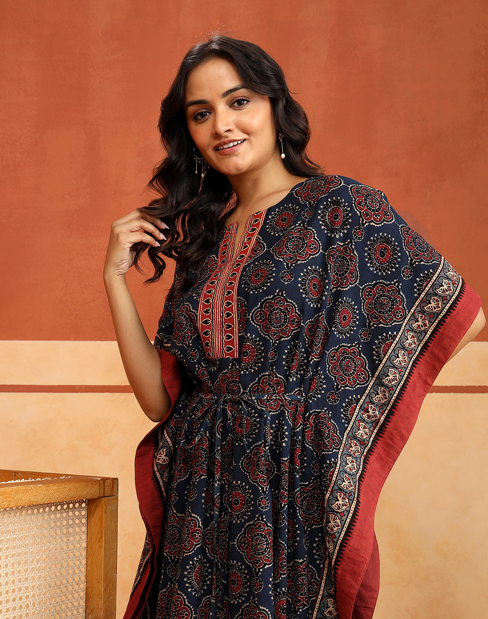 Blue-Red Cotton Ajrakh Printed Kaftan