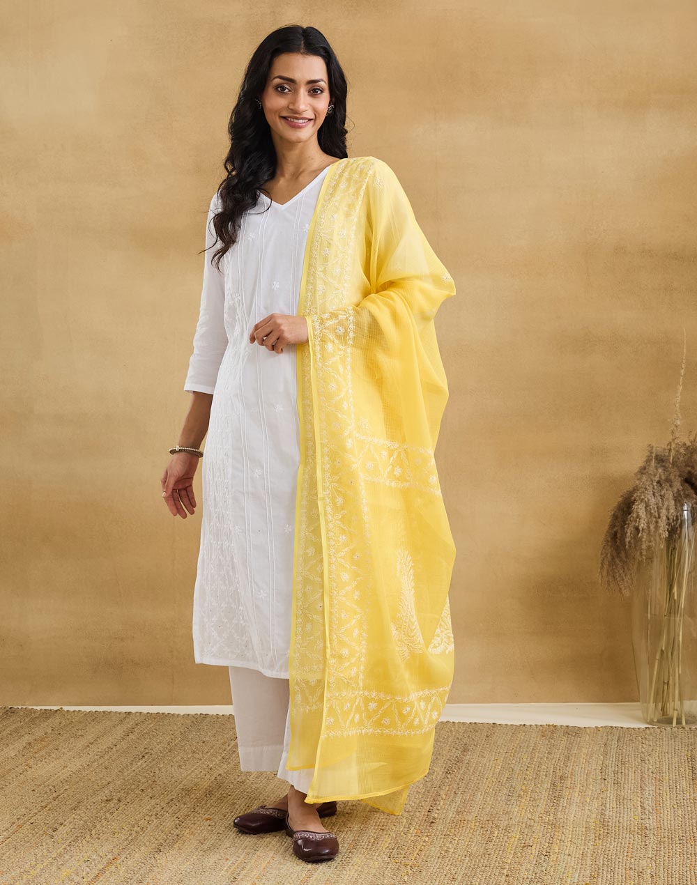 Yellow Cotton Silk Blend Chikankari Dupatta