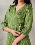 Green Rayon Blend Hand Block Printed Camelia Wrap Midi Dress