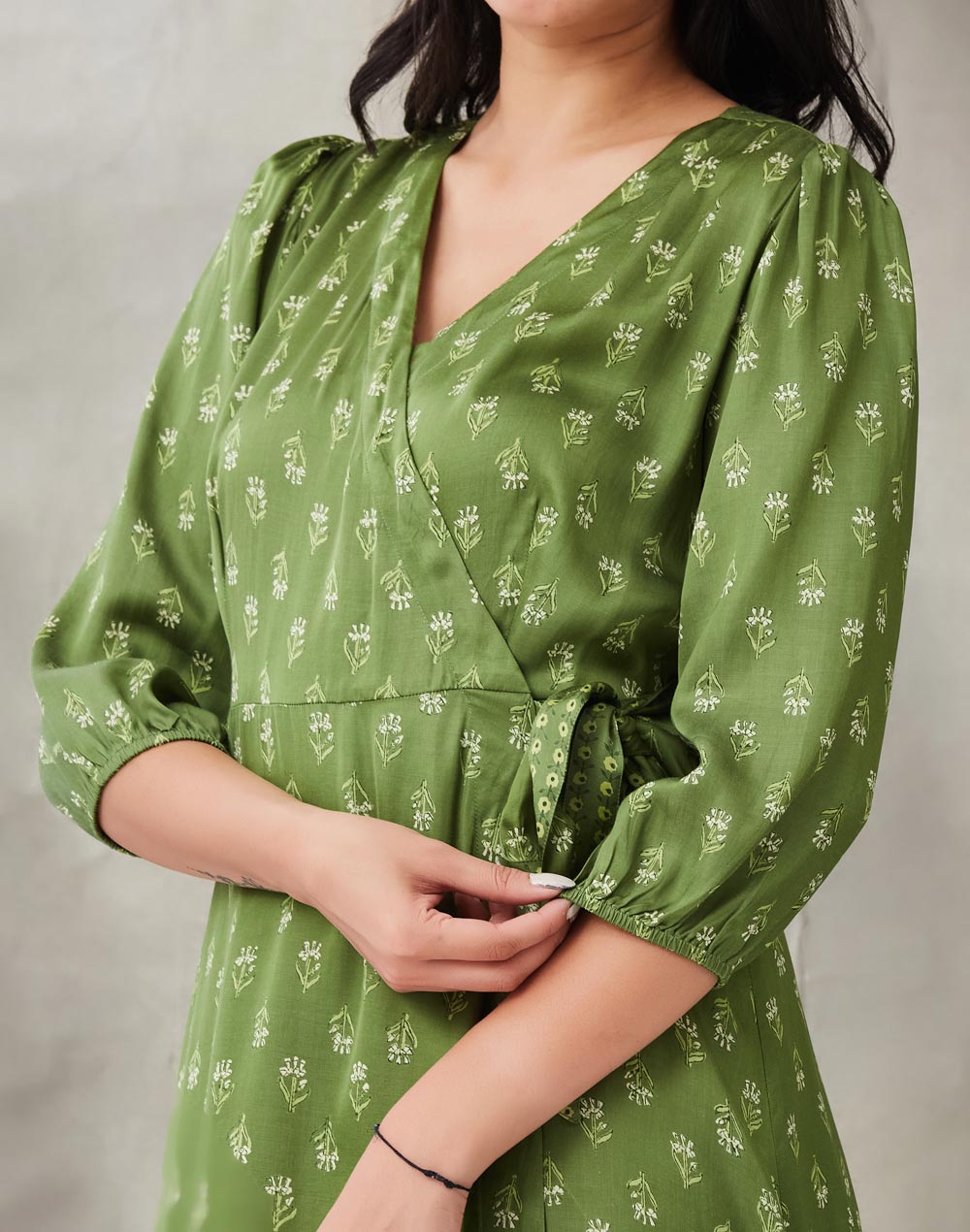 Green Rayon Blend Hand Block Printed Camelia Wrap Midi Dress
