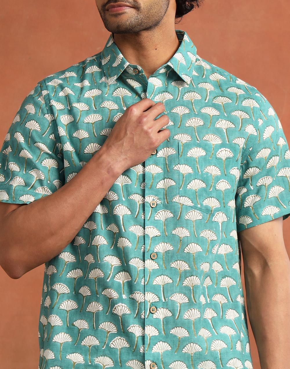 Teal Cotton Hand Block Printed Slim Fit Shirt