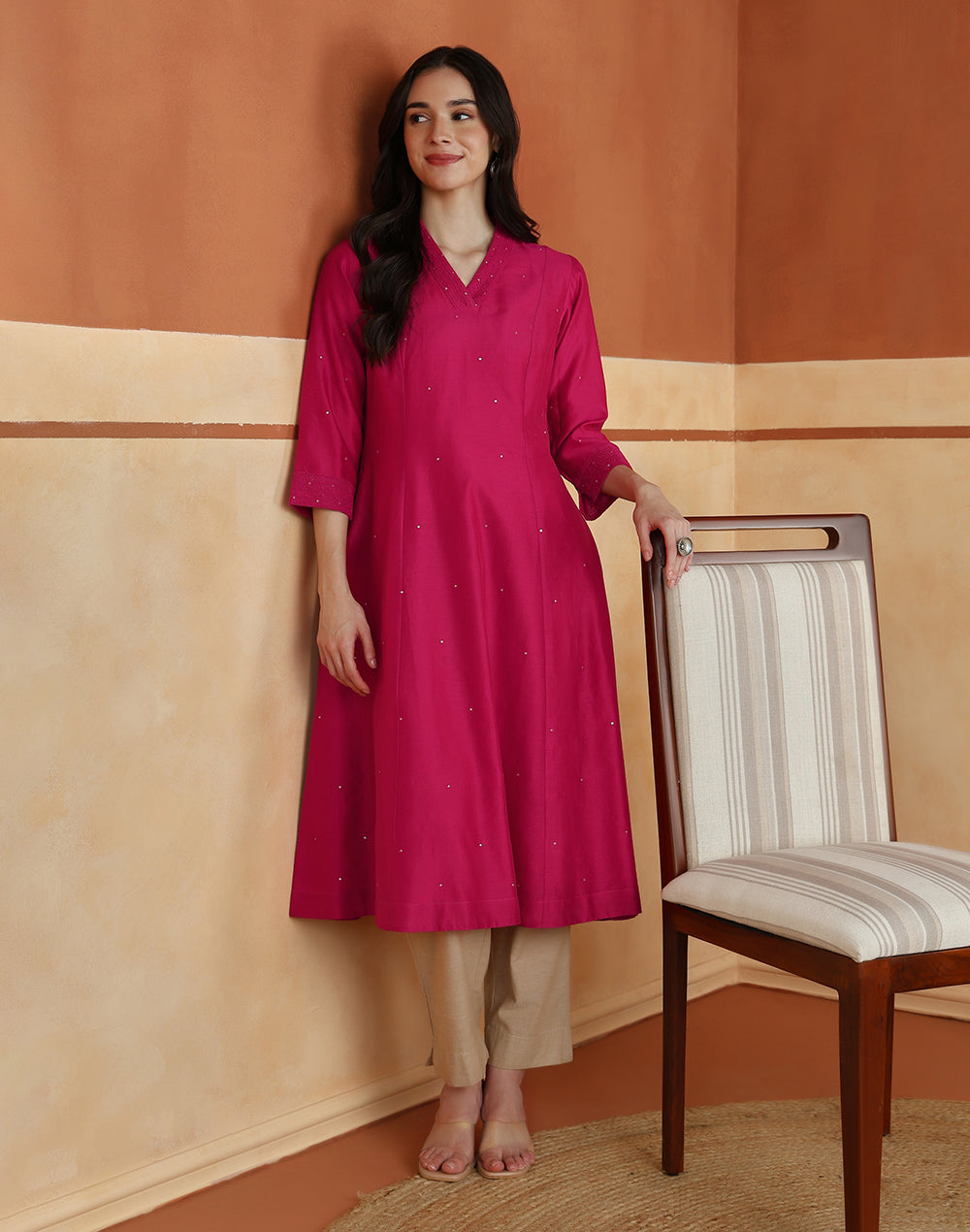 Fuchsia Cotton Silk Embroidered Long Kurta for Women from Fabindia UK