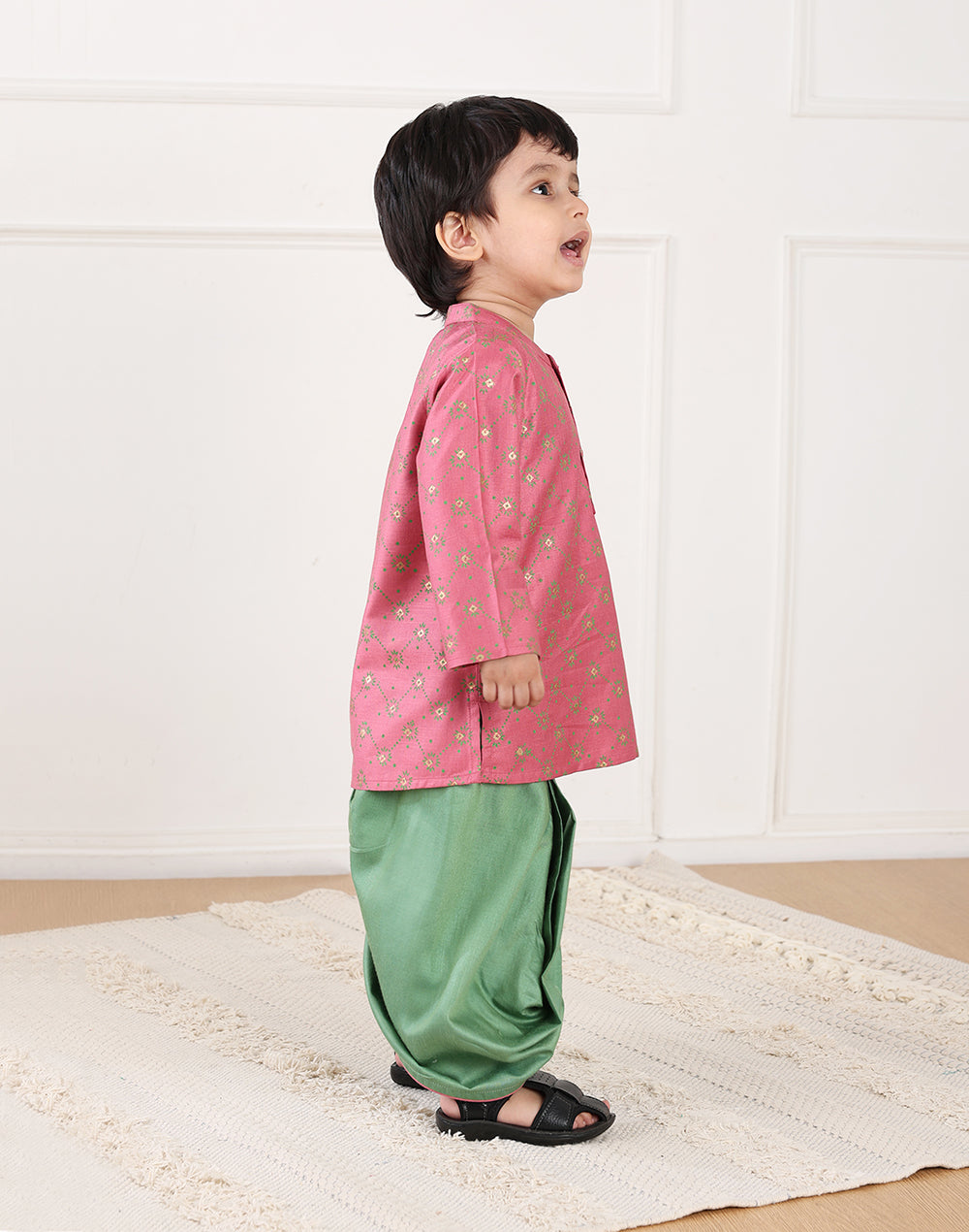Pink Viscose Blend Hand Block Printed 2pc Dhoti Set