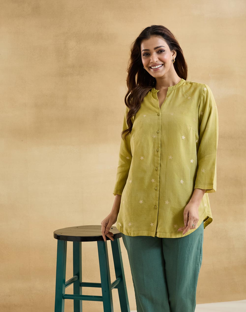 Green Cotton Silk Hand Embroidered Tunic