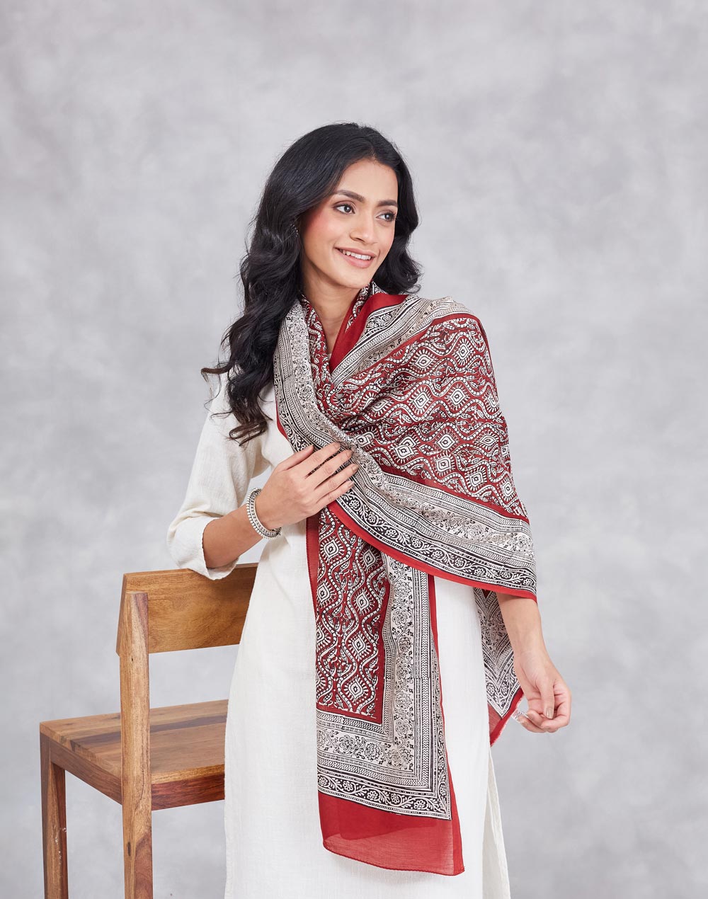 Maroon Cotton Silk Bagh Printed Stole