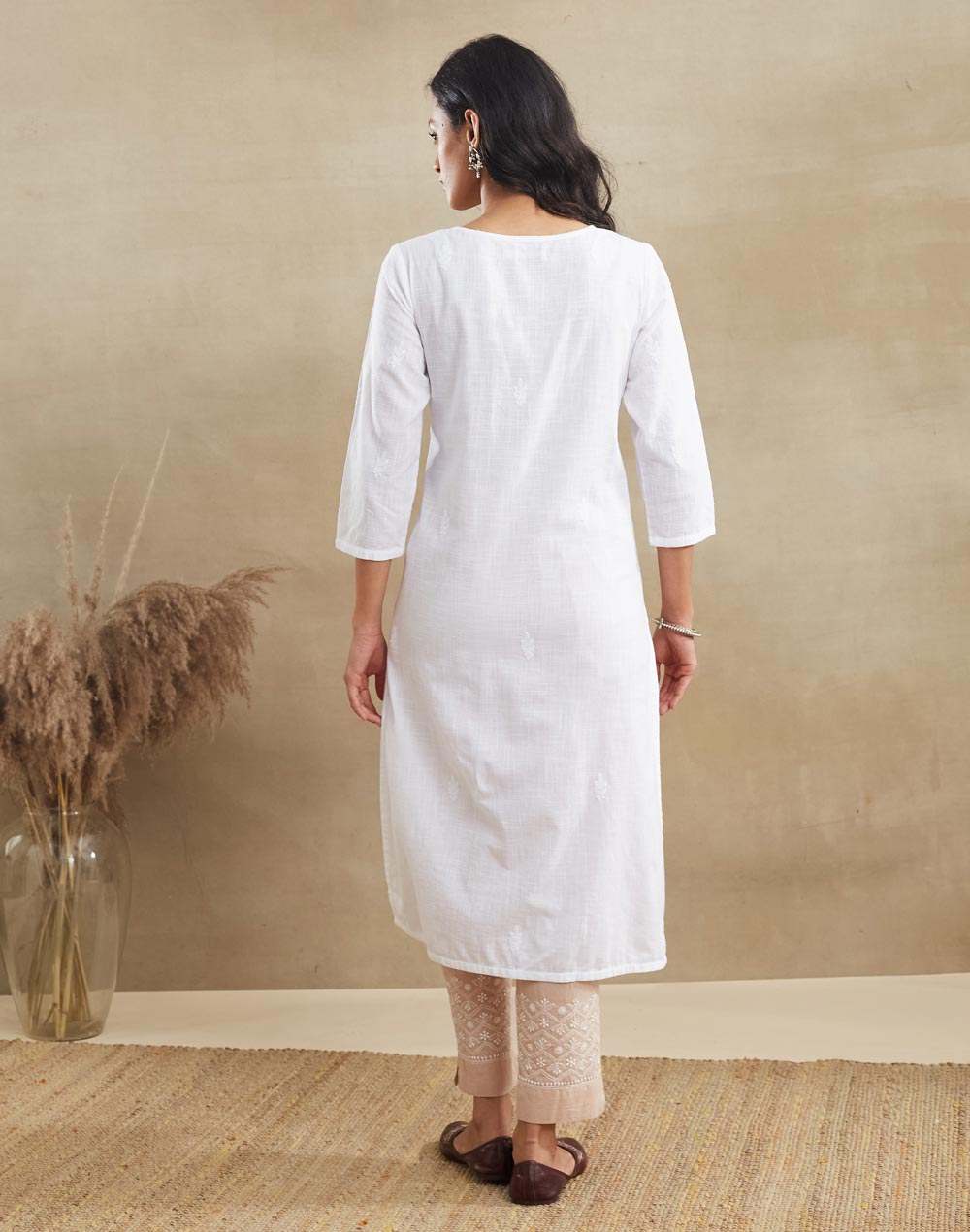 White Cotton Chikankari Long Kurta