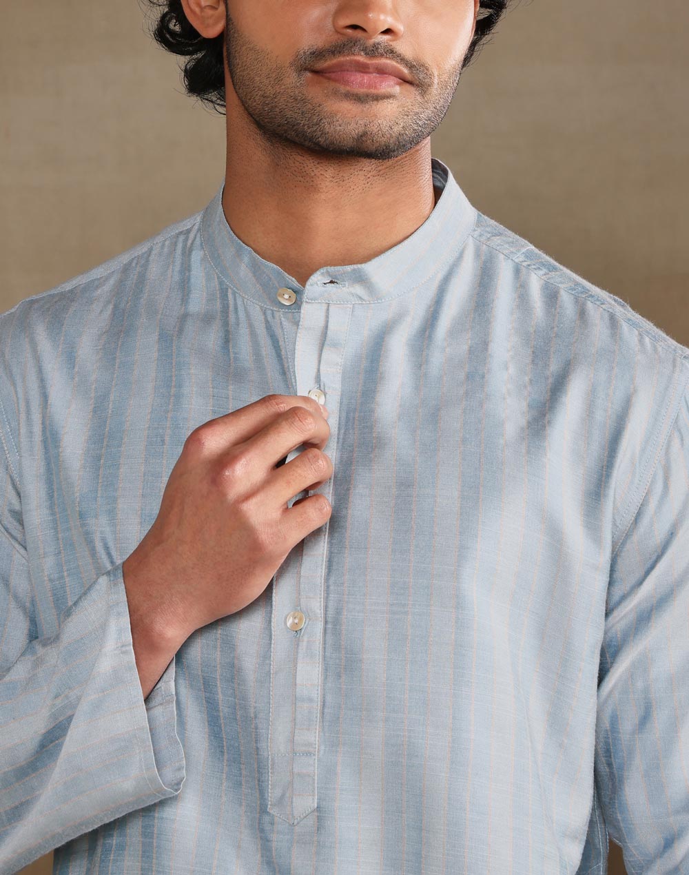 Light Blue Viscose Silk Blend Zari Stripe Short Kurta