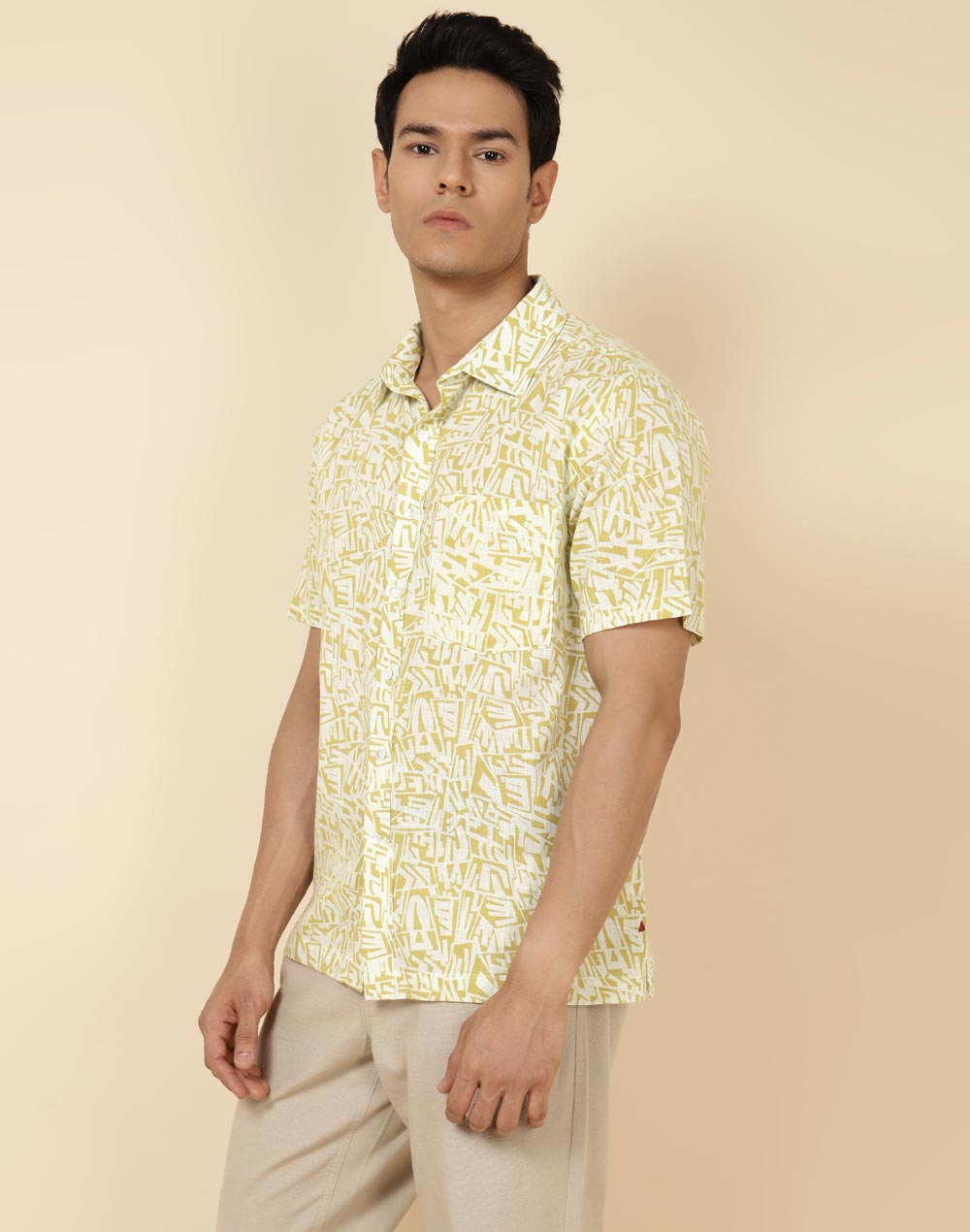 Beige Cotton Hand Block Printed Bush Shirt