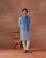 Blue Cotton Dobby Slim Fit Gathit Neel Nehru Jacket