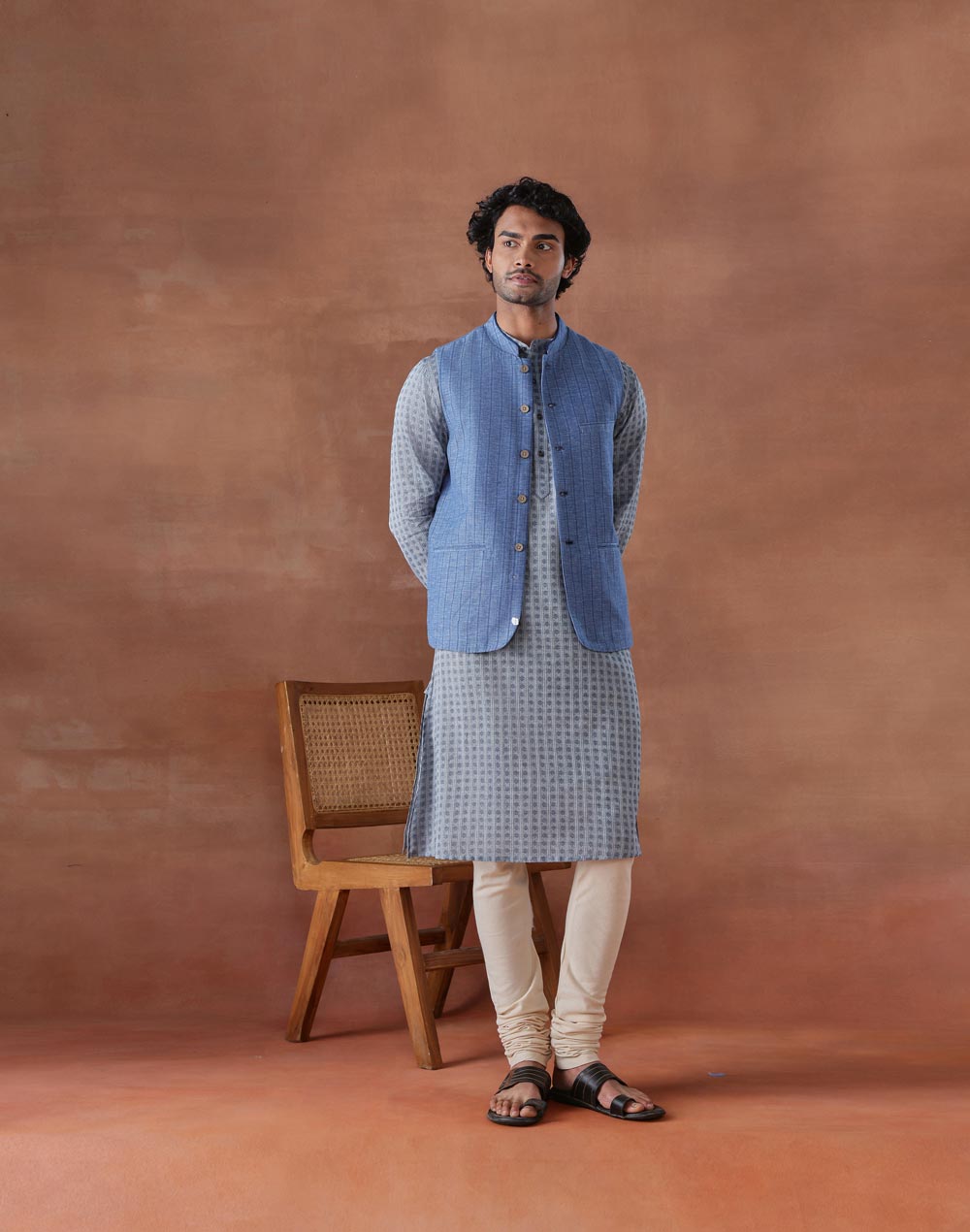 Blue Cotton Dobby Slim Fit Gathit Neel Nehru Jacket