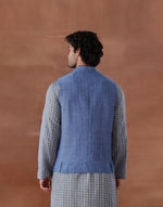 Blue Cotton Dobby Slim Fit Gathit Neel Nehru Jacket