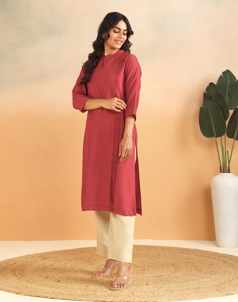 Red Cotton Silk Pintuck Slim Fit Long Kurta