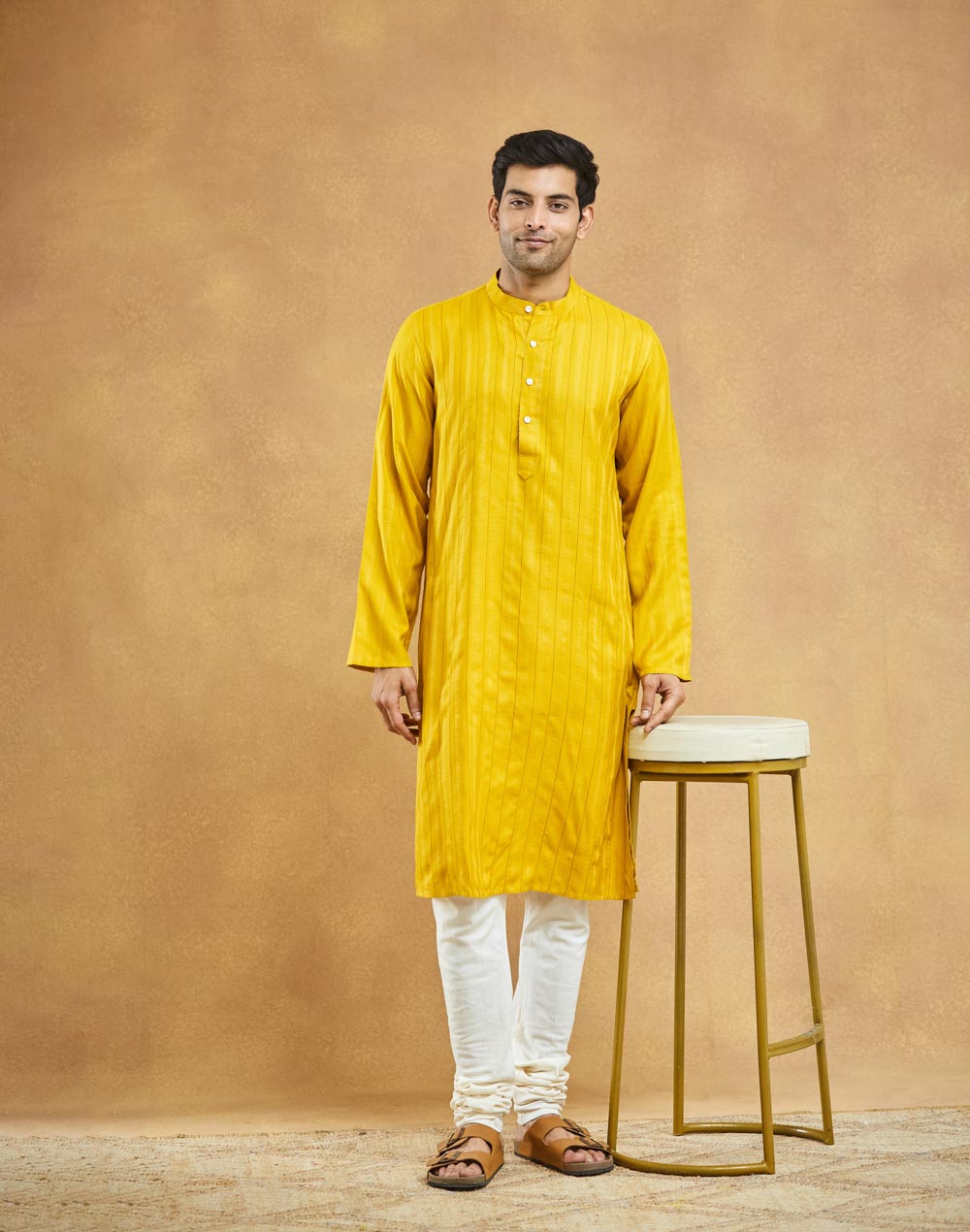 Yellow Viscose Blend Dobby Slim Fit Long Kurta
