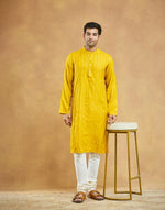 Yellow Viscose Blend Dobby Slim Fit Long Kurta
