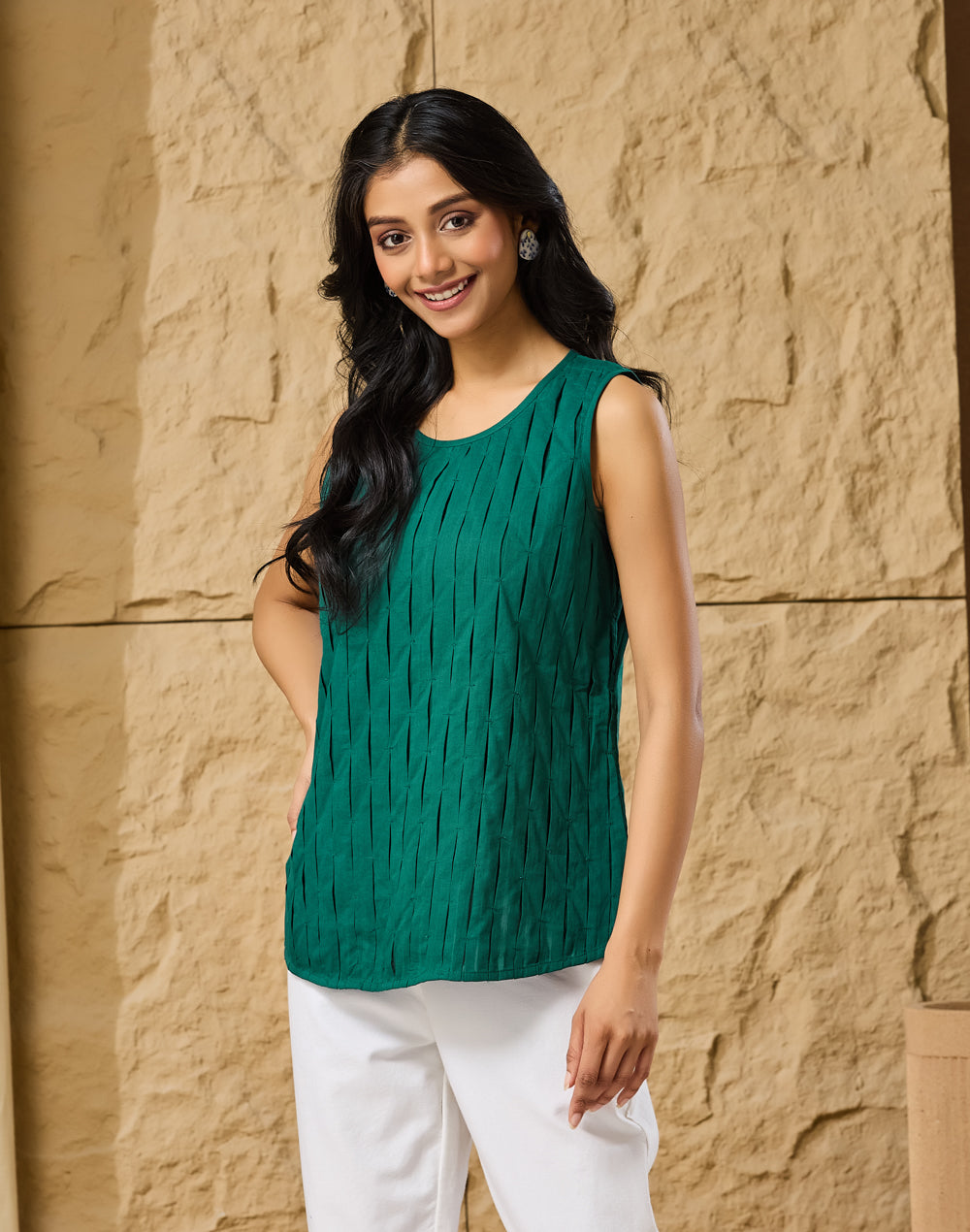 Sleeveless Green Top with round neck