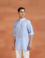 Blue Cotton Dobby Slim Fit Short Kurta