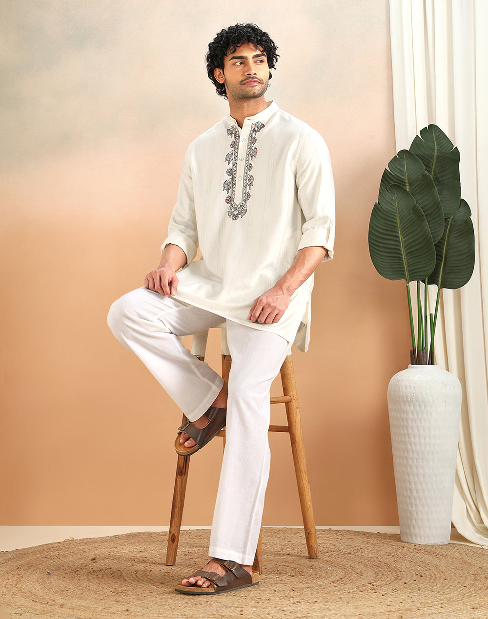 White Madhubani Stripe Short Kurta styled for festive occasions
