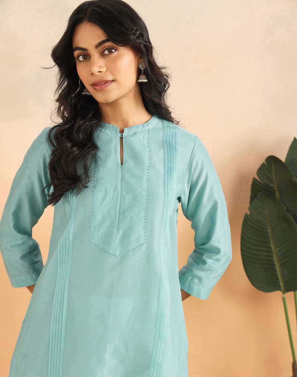 Turquoise Cotton Silk Pintuck Slim Fit Long Kurta