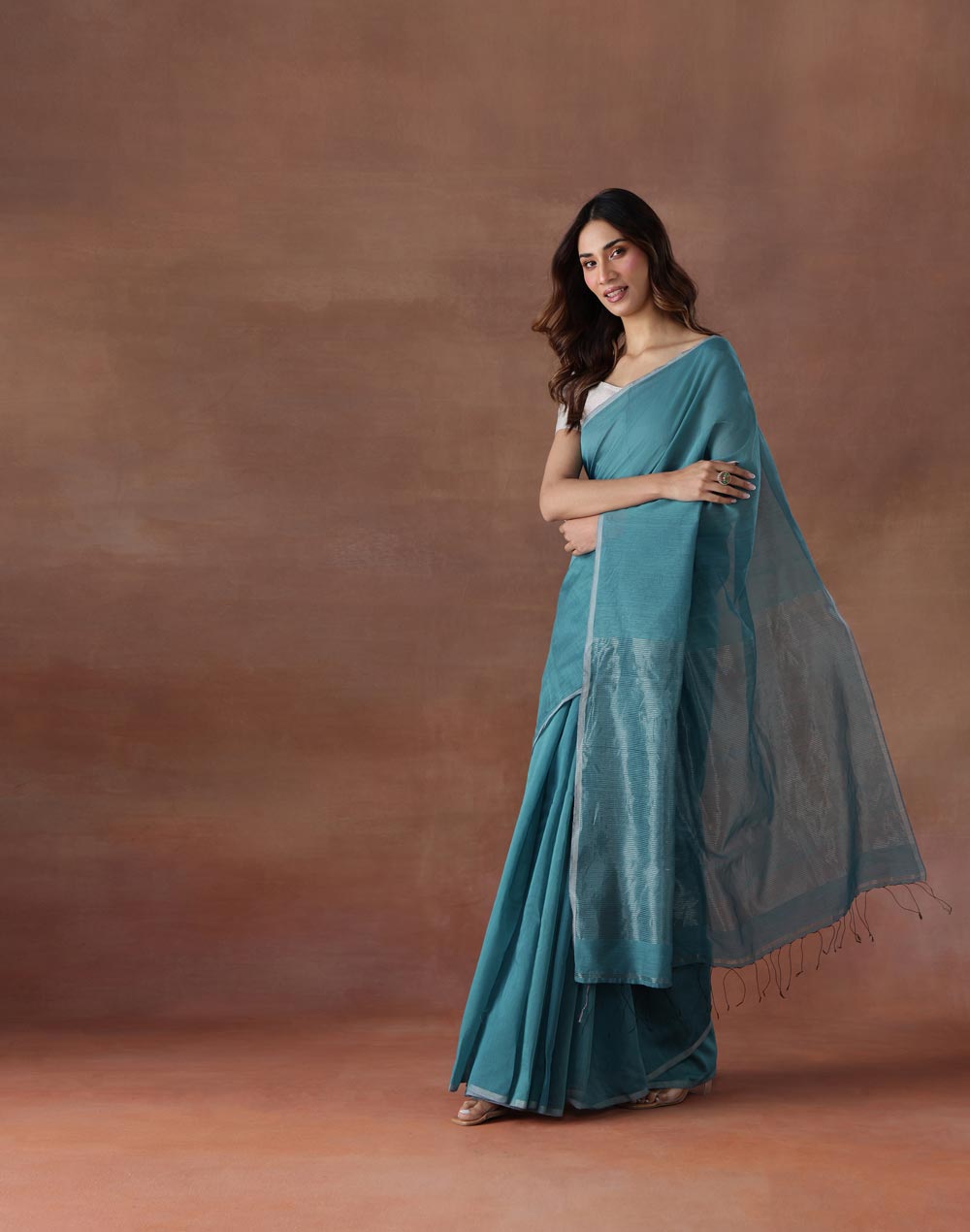 Turquoise Cotton Silk Hand Woven Sari
