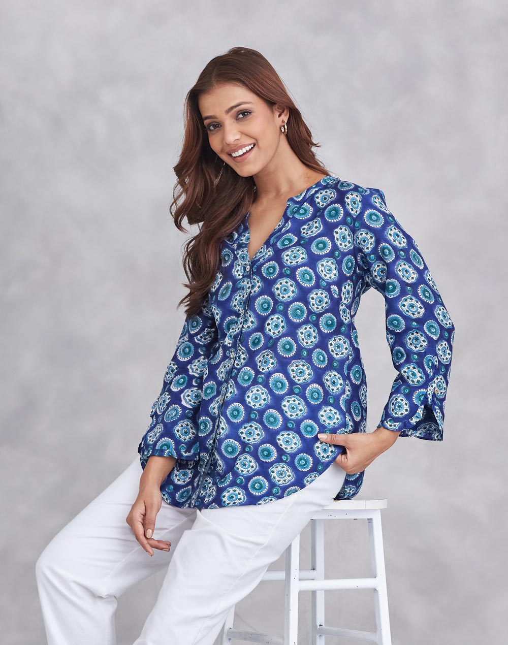 Blue Rayon Blend Hand Block Printed Shirt