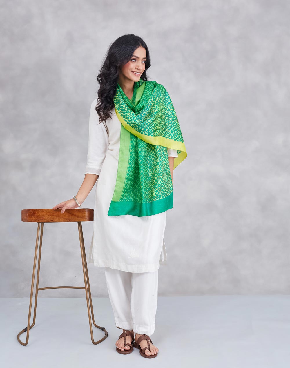 Green Silk Symphony Hand Block Printed Stole
