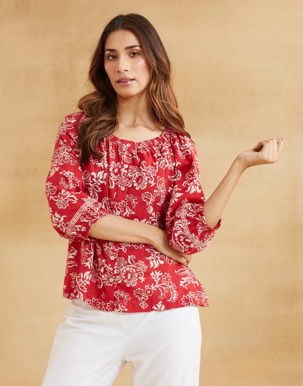 Red Cotton Hand Block Printed Top