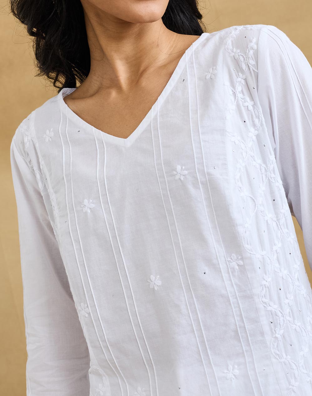 White Cotton Chikankari Long Kurta