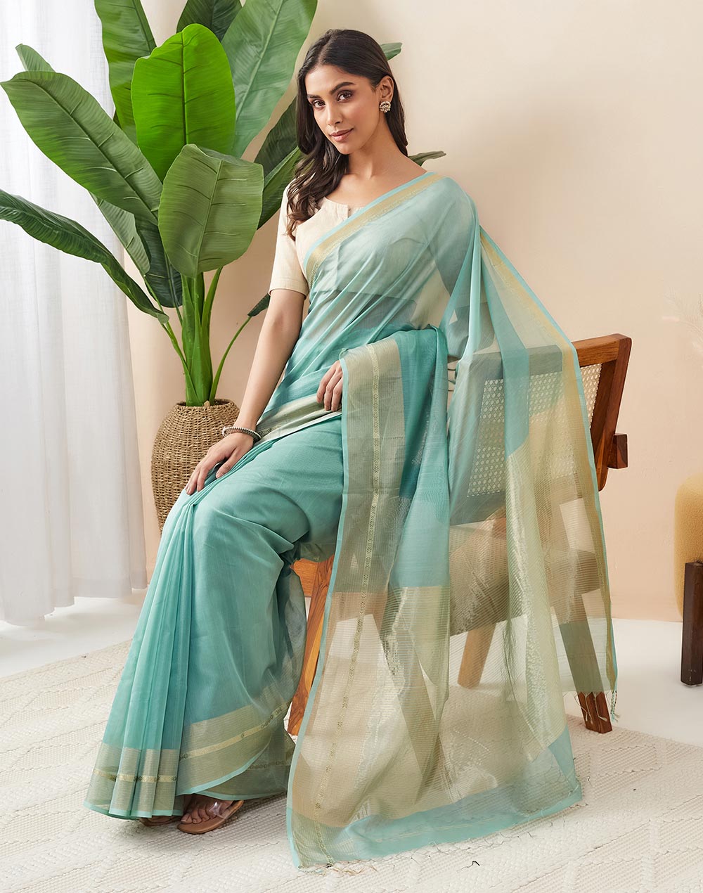 Teal Cotton Silk Blend Maheshwari Woven Wonders Sari