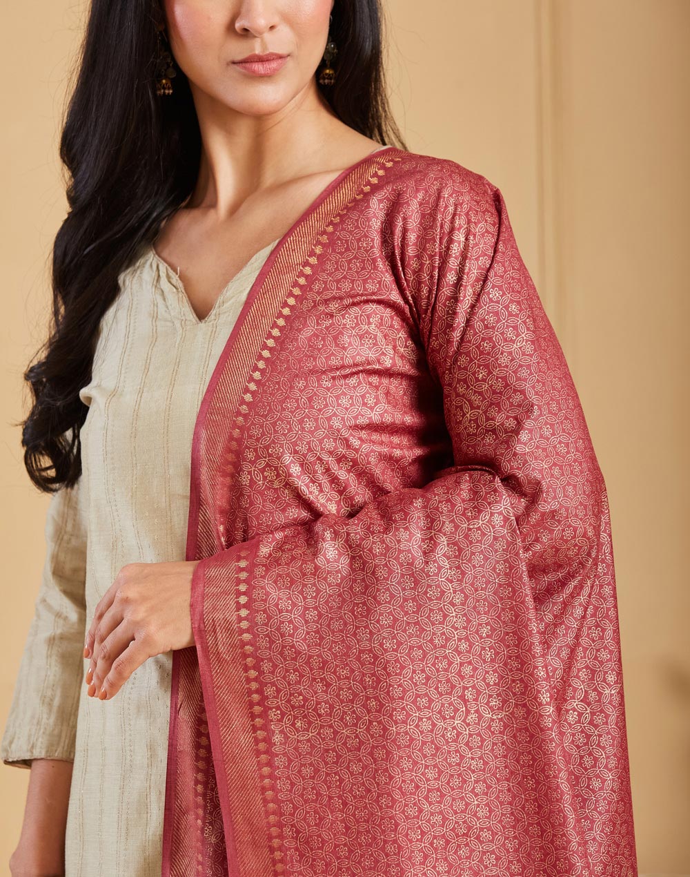 Pink Silk Blend Hand Block Print Dupatta