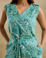 Green Cotton Linen Hand Block Printed Seraphina Wrap Jumpsuit