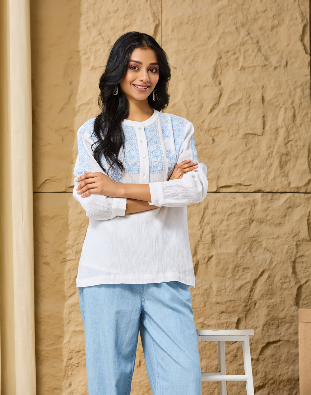 White-Blue Cotton Chikankari Top & Slip