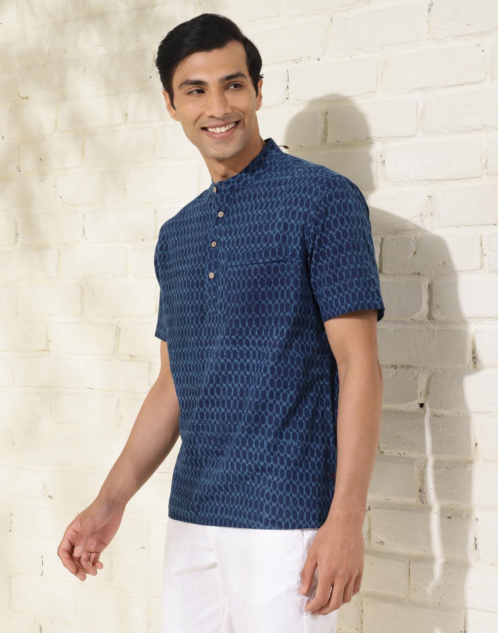 Blue Cotton Dabu Printed Mid Placket Shirt