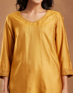 Mustard Viscose Silk Embroidered Knee Length Kurta