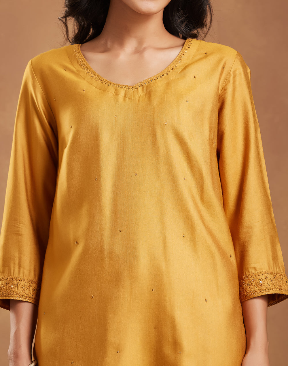 Mustard Viscose Silk Embroidered Knee Length Kurta