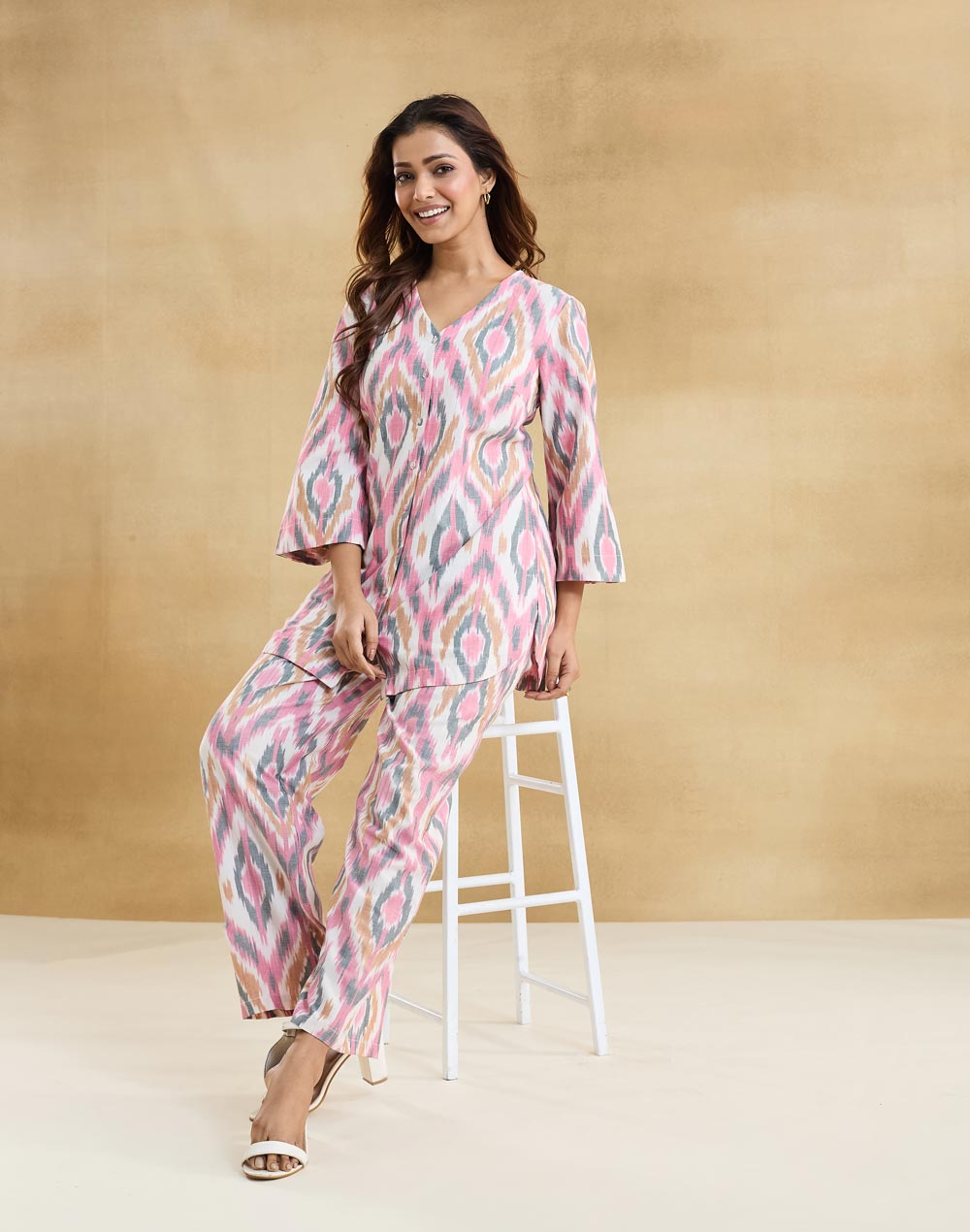 Pink Cotton Ikat Pant & Tunic Set