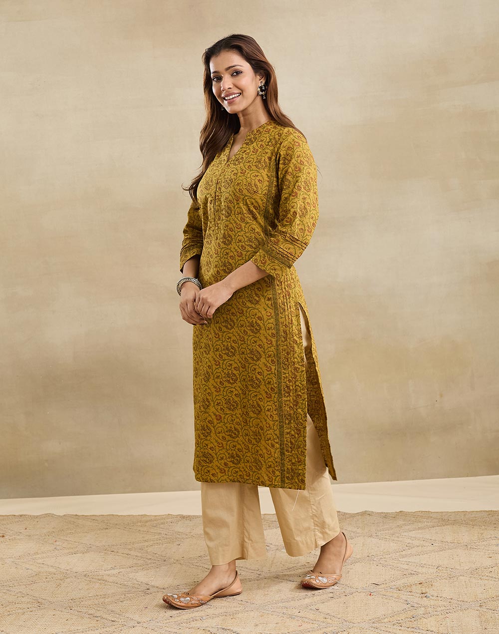 Green Cotton Hand Block Printed Slim Fit Long Kurta